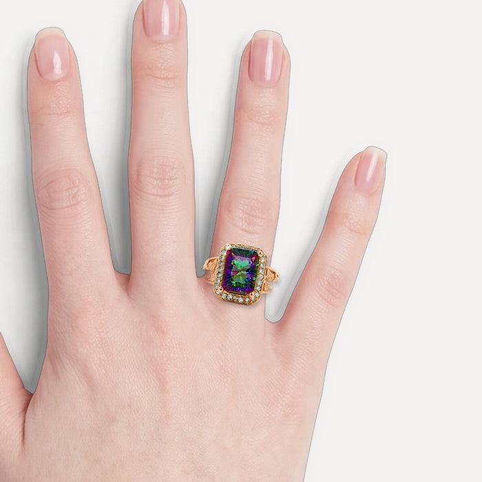 Radiant Cut Mystic Topaz Diamond Halo Ring (3 ¾ ct. tw.) in 14k Yellow Gold shown on a hand (light skin tone)