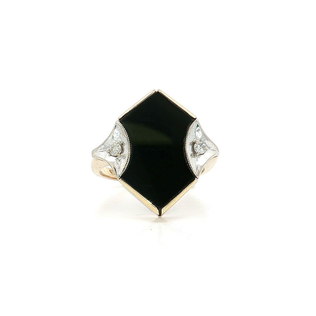 Art Deco Antique Shield Shaped Onyx & Natural Round Brilliant Cut Near Colorless Diamond Ring in 14kt Yellow Gold