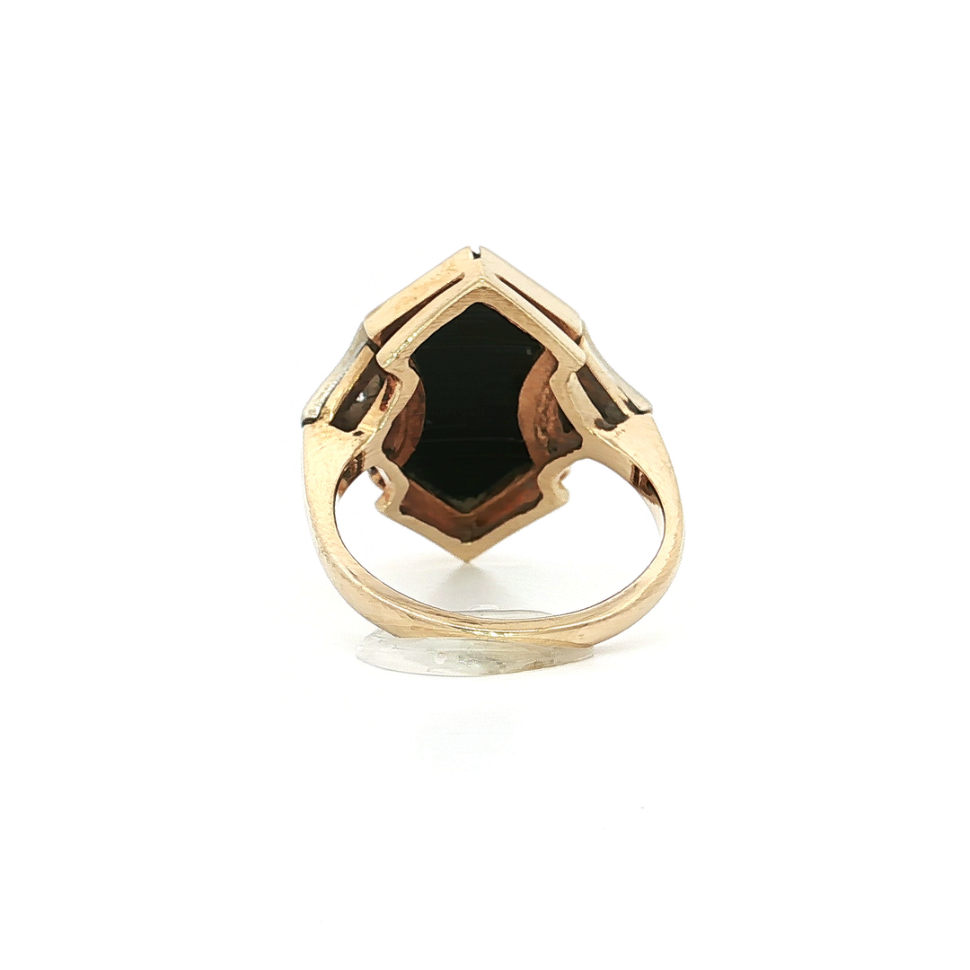 Art Deco Antique Shield Shaped Onyx & Natural Round Brilliant Cut Near Colorless Diamond Ring in 14kt Yellow Gold