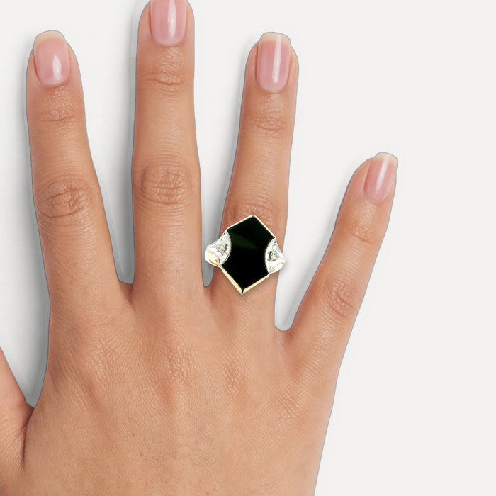 Vintage Onyx & Diamond Art Deco Shield Ring in 14k Yellow Gold shown on a hand (medium skin tone)