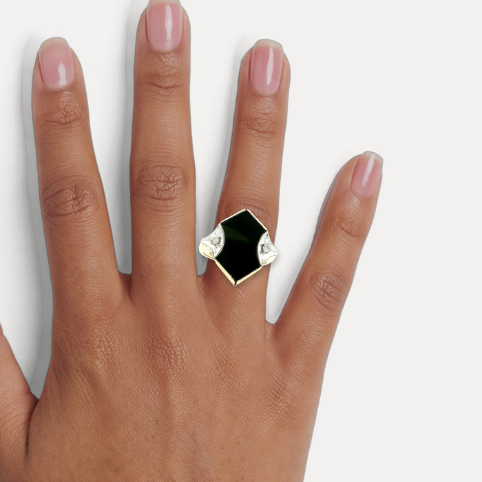 Vintage Onyx & Diamond Art Deco Shield Ring in 14k Yellow Gold shown on a hand (medium deep skin tone)