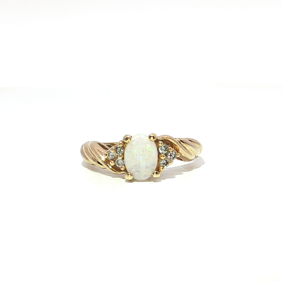 Colorless & Near-Flawless Oval Opal & Diamond Ring (1/2 ct. tw.) 14k Yellow Gold