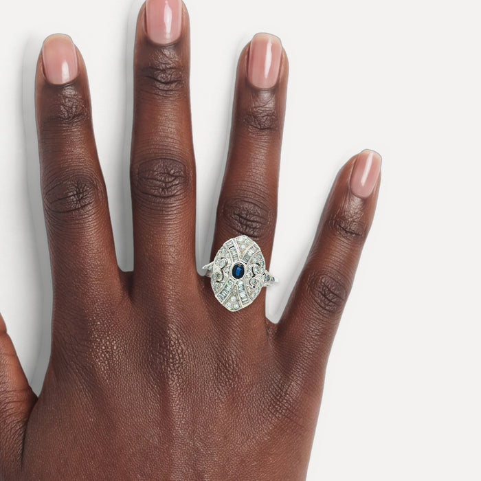 Vintage Sapphire & Diamond Art Deco Cocktail Ring (1 ct. tw.) in 18k White Gold shown on a hand (deep skin tone)
