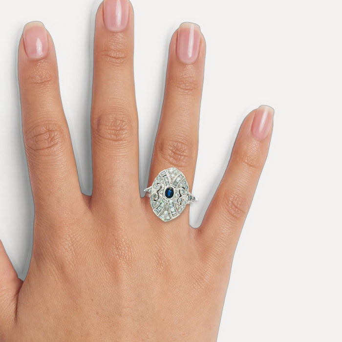 Vintage Sapphire & Diamond Art Deco Cocktail Ring (1 ct. tw.) in 18k White Gold shown on a hand (medium skin tone)