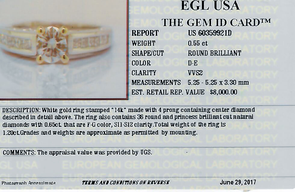 1.20 CTW EGL Certified Colorless Round Brilliant Diamond Engagement Ring in 14KT White Gold