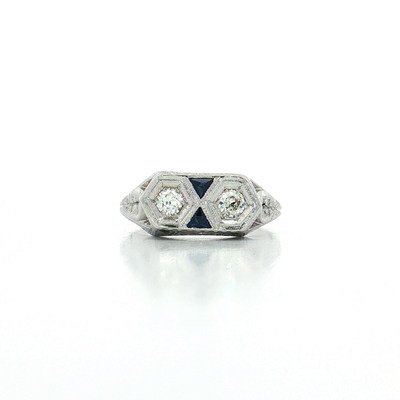 Vintage Owl Eyes Diamond and Sapphire Art Deco Ring (⅖ ct. tw.) in 18k White Gold