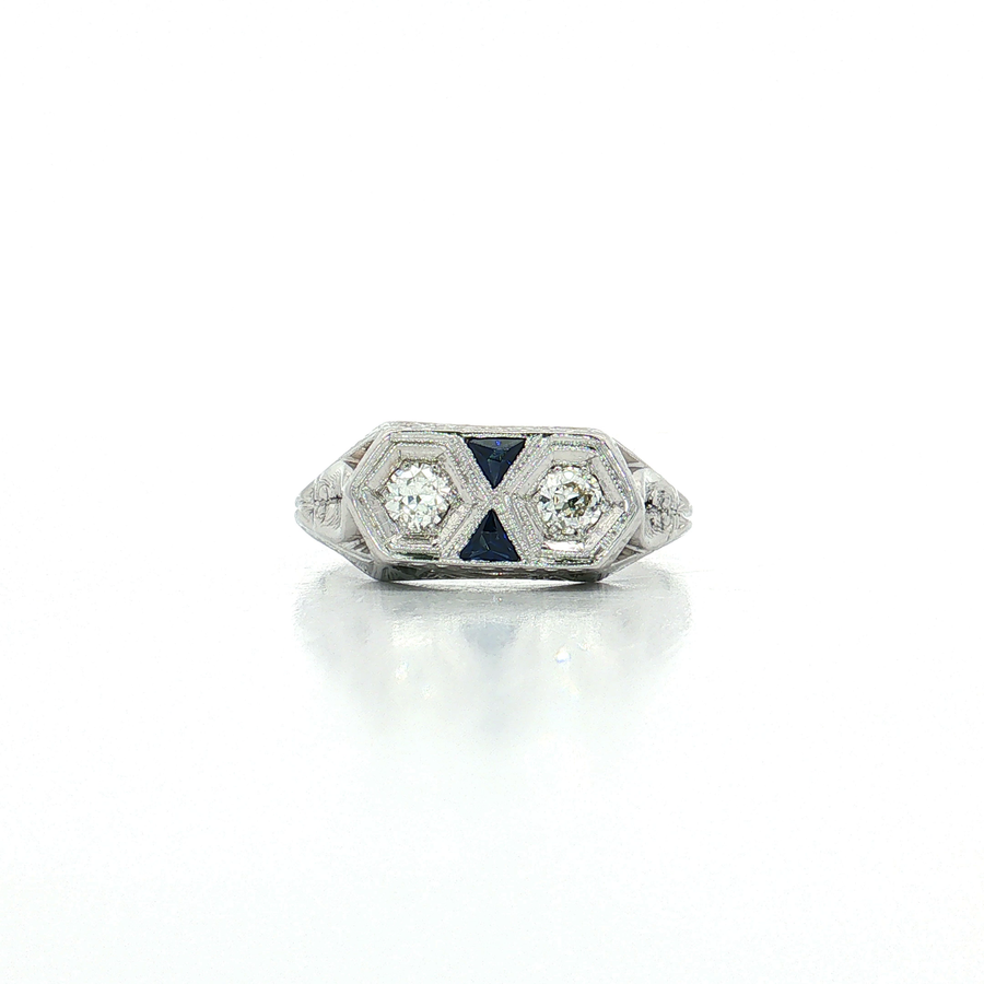 Vintage Owl Eyes Diamond and Sapphire Art Deco Ring (⅖ ct. tw.) in 18k White Gold