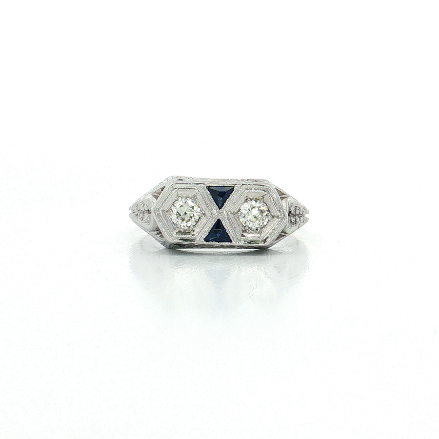 Owl Eyes Diamond and Sapphire Art Deco Ring (2/5 ct. tw.) 18k White Gold