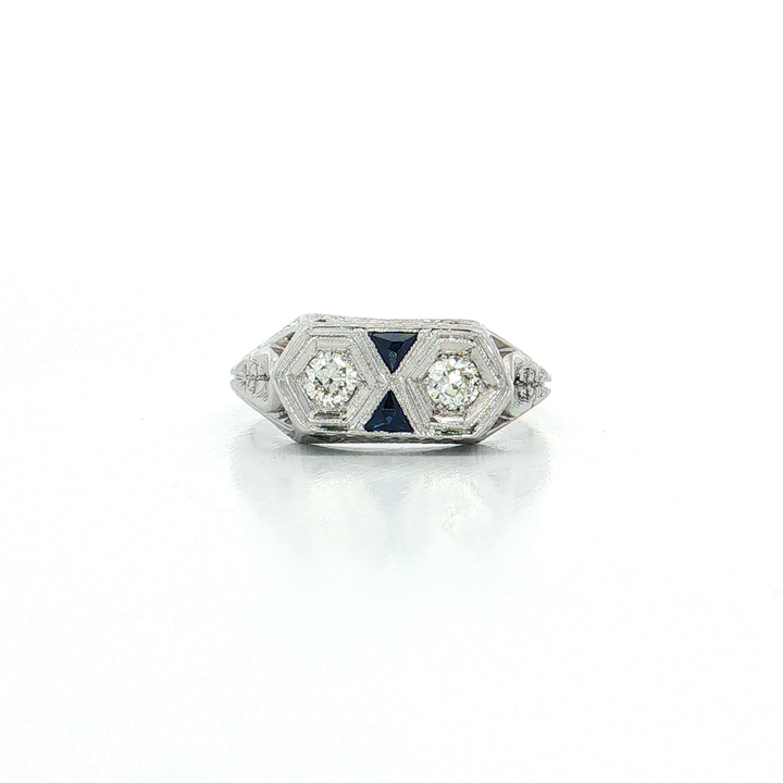 Vintage Owl Eyes Diamond and Sapphire Art Deco Ring (⅖ ct. tw.) in 18k White Gold
