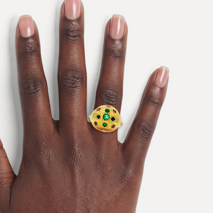 Vintage Floral Emerald Ruby Diamond Ring (1 ½ ct. tw.) in 18k Yellow & Rose Gold shown on a hand (deep skin tone)