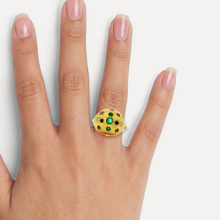 Vintage Floral Emerald Ruby Diamond Ring (1 ½ ct. tw.) in 18k Yellow & Rose Gold shown on a hand (medium skin tone)