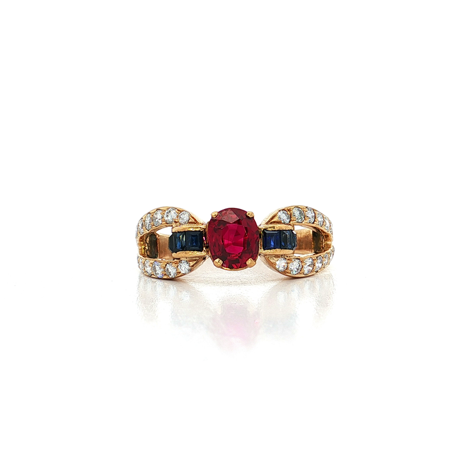 Vivid Ruby, Vivid Blue Sapphire & Nearly Flawless Colorless Diamond Ring (2 7/8 ct. tw.) 18k Yellow Gold