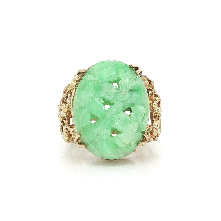 Antique Large Hand Carved Oval Shaped Jade Ring 14k Yellow Gold