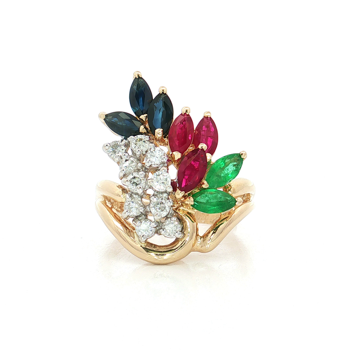 Bird of Paradise Ruby Sapphire Emerald Colorless Near-Flawless Diamond Ring (3 ⅒ ct. tw.) in 14k Yellow Gold