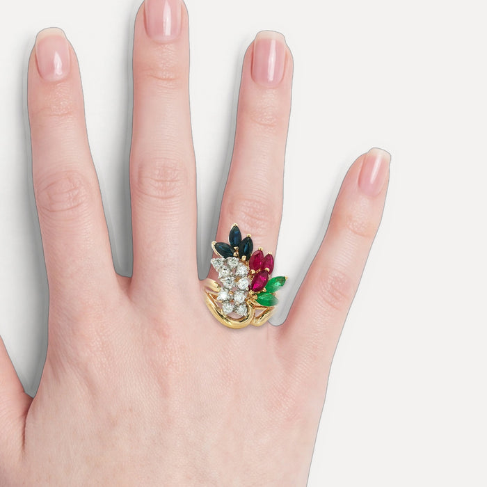 Birds of Paradise Diamond, Ruby, Sapphire & Emerald Ring (3 ⅒ ct. tw.) in 14k Yellow Gold shown on a hand (light skin tone)