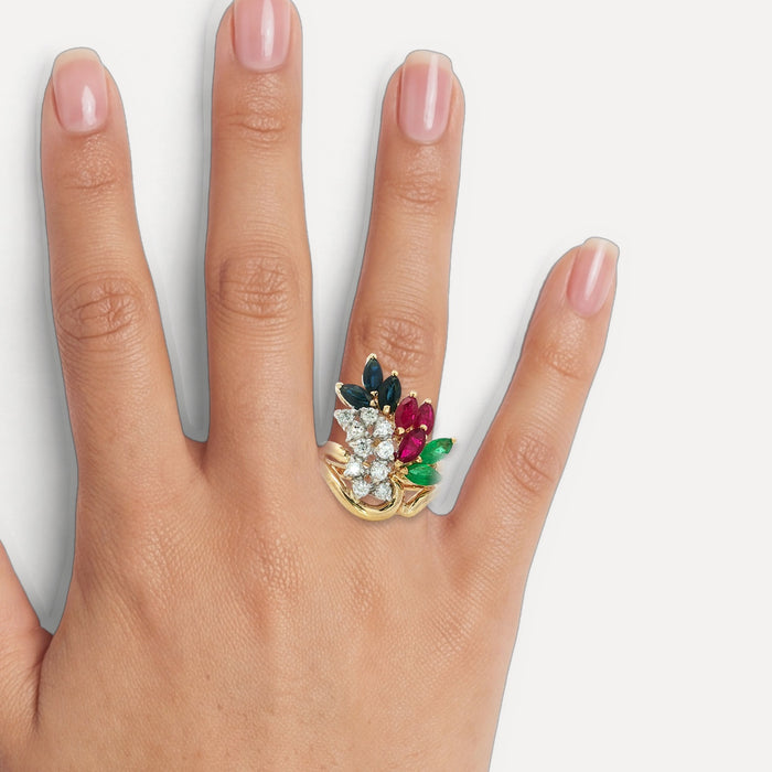 Birds of Paradise Diamond, Ruby, Sapphire & Emerald Ring (3 ⅒ ct. tw.) in 14k Yellow Gold shown on a hand (medium skin tone)