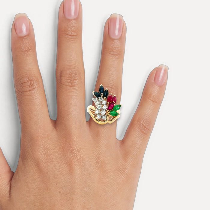 Birds of Paradise Diamond, Ruby, Sapphire & Emerald Ring (3 ⅒ ct. tw.) in 14k Yellow Gold shown on a hand (medium skin tone)
