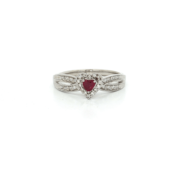 Round Brilliant Cut Diamond & Heart Shape Ruby Halo Ring (1 ct. tw.) in 10k White Gold
