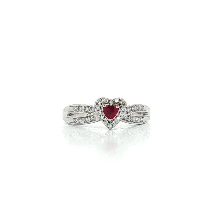 Heart Shaped Deep Red Ruby Near-Colorless Halo Diamond Ring (1 ct. tw.) in 10k White Gold
