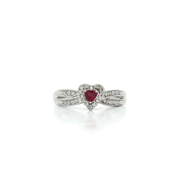 Heart Shaped Deep Red Ruby Near-Colorless Halo Diamond Ring (1 ct. tw.) in 10k White Gold