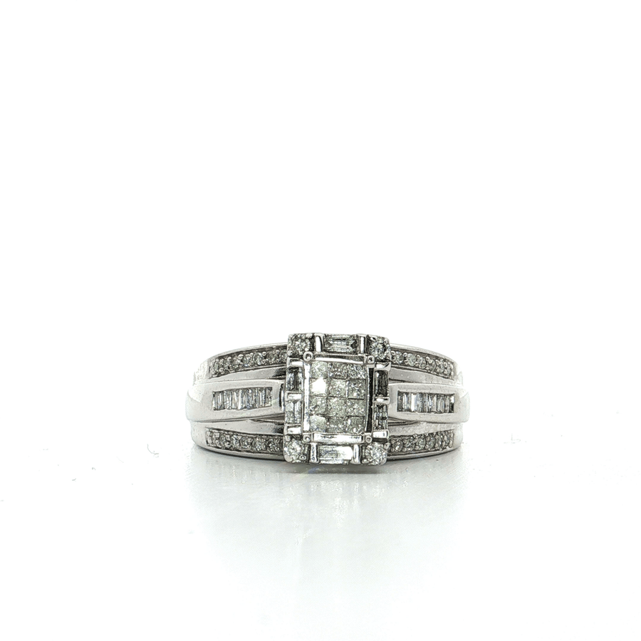 Princess Cut & Round Brilliant Cut Cluster Diamond Ring (1 ct. tw.) 10k White Gold