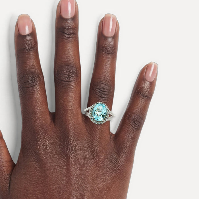 Aquamarine & Diamond Ring (3 ½ ct. tw.) in 14k White Gold shown on a hand (deep skin tone)