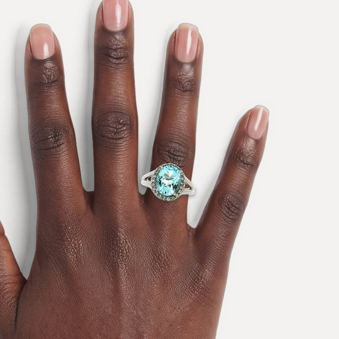 Aquamarine & Diamond Ring (3 ½ ct. tw.) in 14k White Gold shown on a hand (deep skin tone)