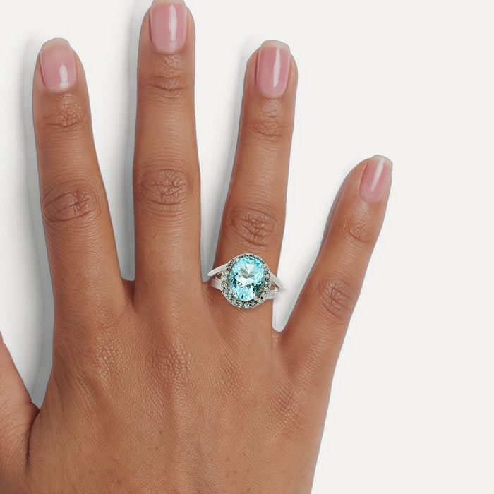 Aquamarine & Diamond Ring (3 ½ ct. tw.) in 14k White Gold shown on a hand (medium deep skin tone)