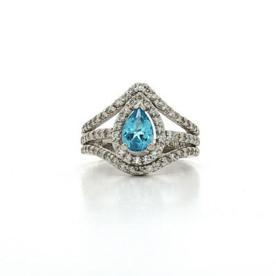 2.75 CTW AAAA - Grade Swiss Blue Pear Shaped Topaz with a Halo & Triple Split Shank of Natural Near - Colorless Round Brilliant Cut Diamonds in a 14kt White Gold Ring – Jewelry Depot, Inc.