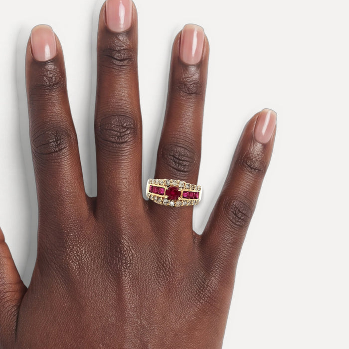 Ruby Round Brilliant Cut Near-Colorless Diamond Ring (2 ½ ct.) in 14k Yellow Gold shown on a hand (deep skin tone)