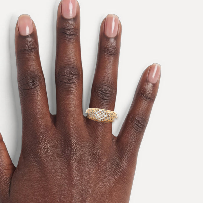 French Dome Style Ring (½ ct. tw.) with Nearly Flawless Colorless Baguette & Round Brilliant Cut Diamond in 18k Rose Gold shown on a hand (deep skin tone)