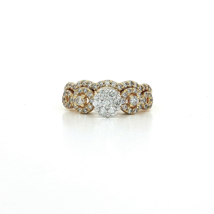 Round Brilliant Cut Colorless Diamond Cluster Halo Bridal Set Engagement Ring (3/4 ct. tw.) 14k Yellow Gold Split Shank & Matching Wedding Band