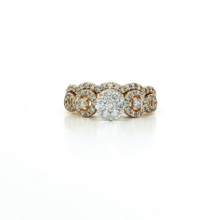 Round Brilliant Cut Colorless Diamond Cluster Halo Bridal Set Engagement Ring (¾ ct. tw.) in 14k Yellow Gold Split Shank & Matching Wedding Band