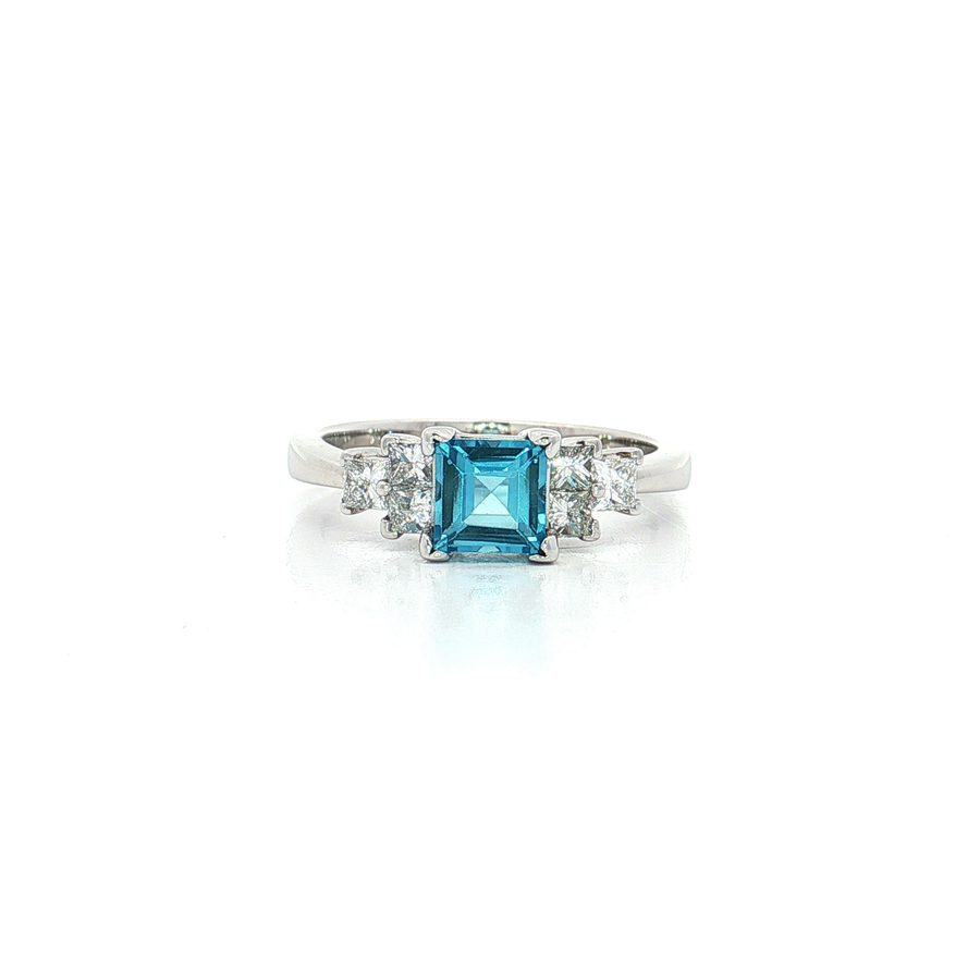 Princess Cut Vivid London Blue Topaz & Colorless Diamond Ring (1 3/5 ct. tw.) 18k White Gold