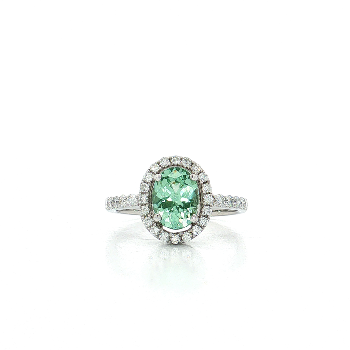 Oval Vivid Mint Green Demantoid Garnet Colorless Nearly Flawless Halo Diamond Ring (2 ⅓ ct. tw.) in 18k White Gold