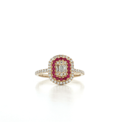 0.75 CTW Natural Round Brilliant & Baguette Cut Colorless Nearly Flawless Diamonds & Ruby Double Halo Ring in 14kt Yellow Gold – Jewelry Depot, Inc.