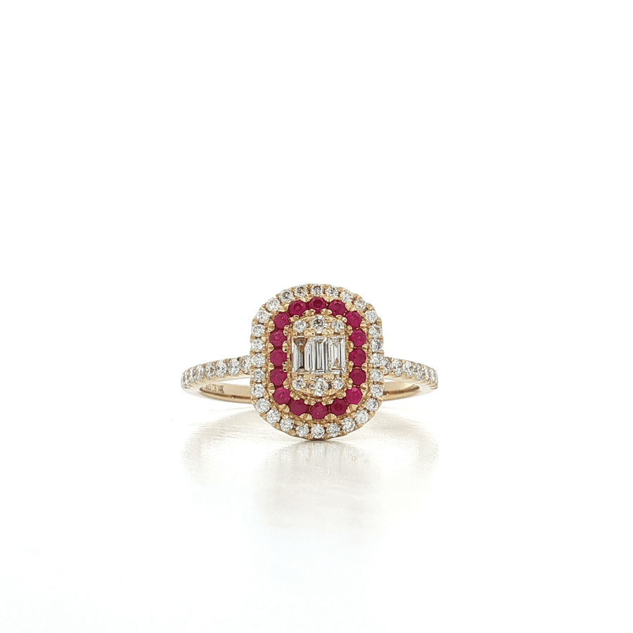 Round Brilliant & Baguette Cut Nearly Flawless Colorless Diamond & Ruby Double Halo Ring (3/4 ct. tw.) 14k Yellow Gold