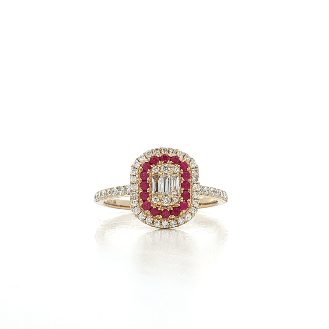 0.75 CTW Natural Round Brilliant & Baguette Cut Colorless Nearly Flawless Diamonds & Ruby Double Halo Ring in 14kt Yellow Gold – Jewelry Depot, Inc.