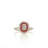 Round Brilliant & Baguette Cut Nearly Flawless Colorless Diamond & Ruby Double Halo Ring (¾ ct. tw.) in 14k Yellow Gold