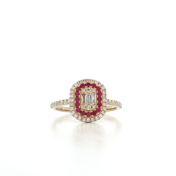 0.75 CTW Natural Round Brilliant & Baguette Cut Colorless Nearly Flawless Diamonds & Ruby Double Halo Ring in 14kt Yellow Gold – Jewelry Depot, Inc.