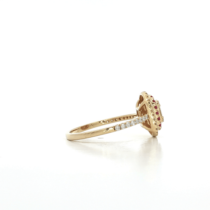 0.75 CTW Natural Round Brilliant & Baguette Cut Colorless Nearly Flawless Diamonds & Ruby Double Halo Ring in 14kt Yellow Gold – Jewelry Depot, Inc.