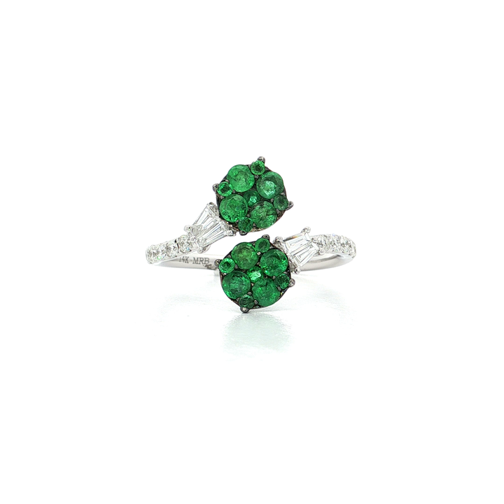 Emerald & Nearly Flawless Colorless Round Brilliant Cut & Baguette Diamond Bypass Ring (⅓ ct. tw.) in 14k White Gold