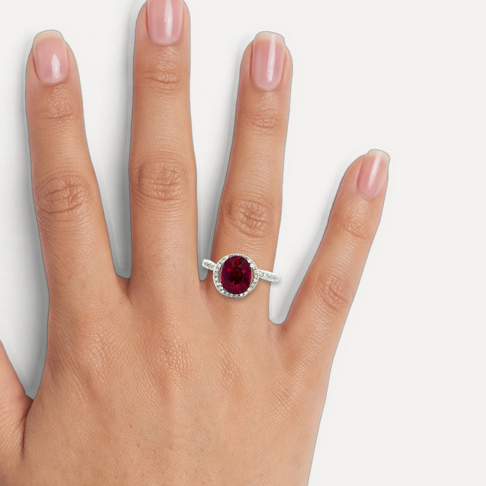 Deep Raspberry Rhodolite Garnet & Colorless Diamond Ring (3 ¼ ct. tw.) in 18k White Gold shown on a hand (medium skin tone)