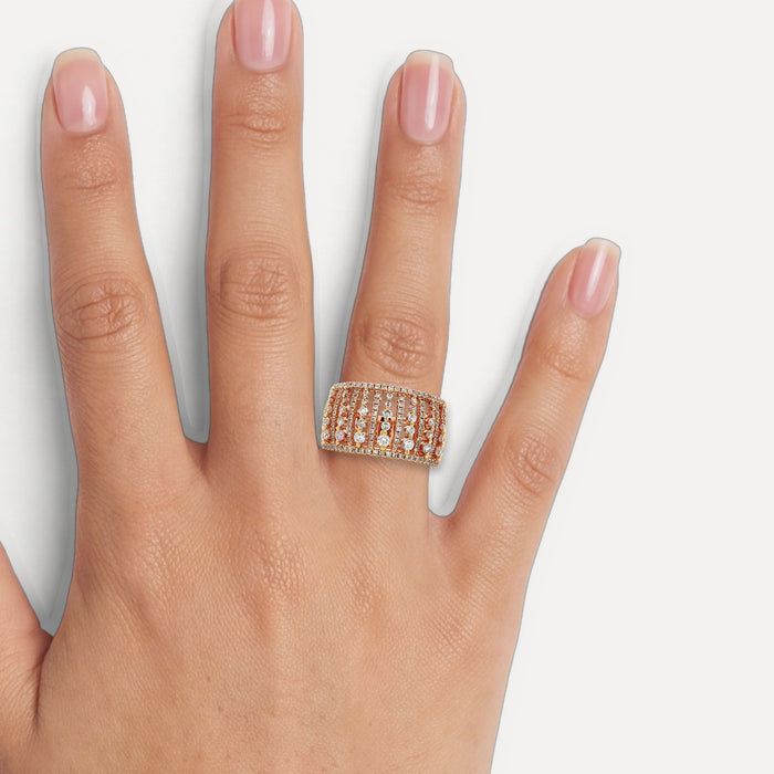 Round Brilliant Cut Nearly Flawless Colorless Birdcage Diamond Eternity Ring (1 ⅒ ct.) in 18k Rose Gold shown on a hand (medium skin tone)