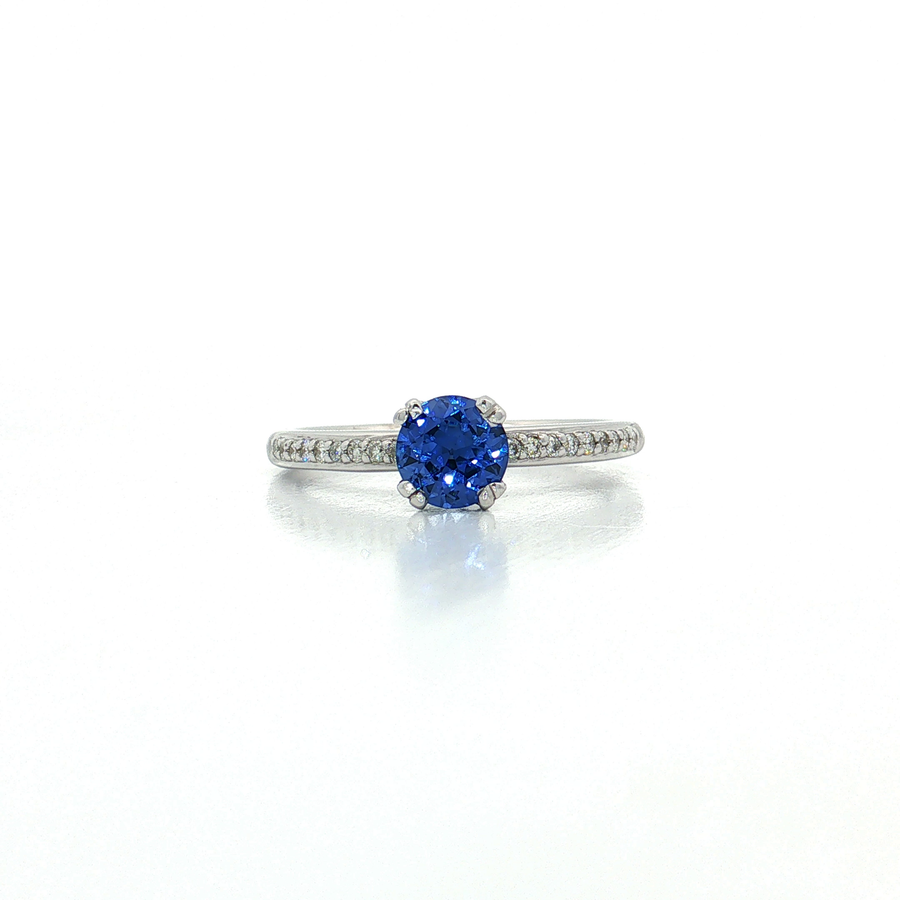 Round Brilliant Cut Vivid Blue Sapphire Diamond Ring (7/8 ct. tw.) 18k White Gold