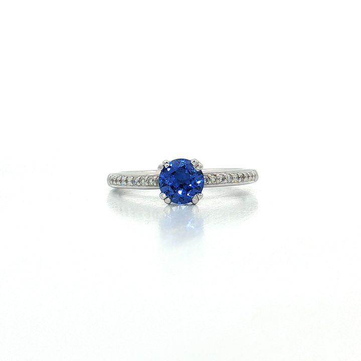 Round Brilliant Cut Vivid Blue Sapphire Diamond Ring (⅞ ct. tw.) in 18k White Gold