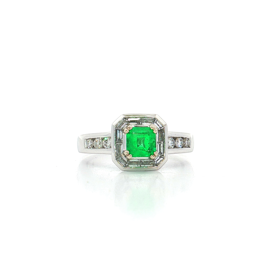 Asscher Cut Emerald & Diamond Ring (1 ½ ct. tw.) in 18k White Gold featuring a vibrant green emerald and diamond accents.