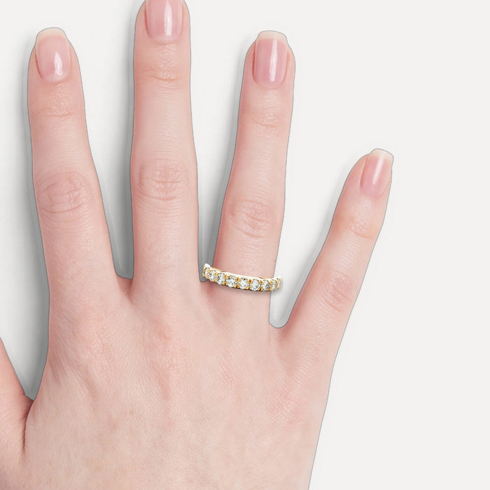 Round Brilliant Cut Nearly Flawless Colorless Diamond Wedding Band (1 ct.) in 14k Yellow Gold shown on a hand (light skin tone)