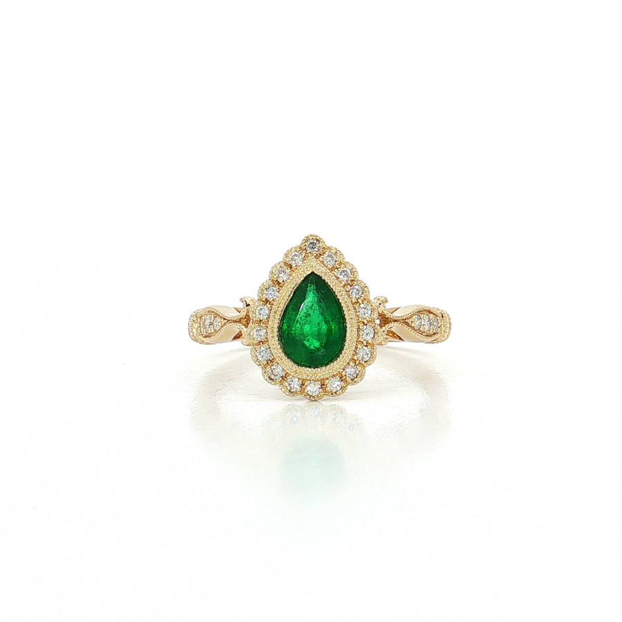 Pear Vivid Emerald & Diamond Halo Ring (1 ct.) 14k Yellow Gold
