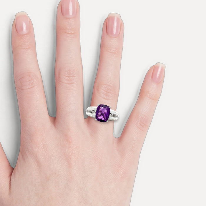 Cushion Cut Amethyst & CZ Ring (2 ½ ct. tw.) in Sterling Silver shown on a hand (light skin tone)